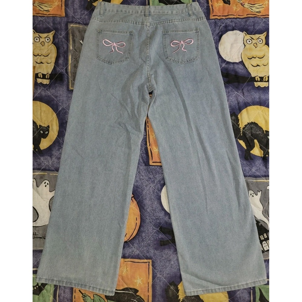 Nova Blue Jeans Wide Leg Light Wash Pink Ribbon Pockets Women's Size XL 32x29.5